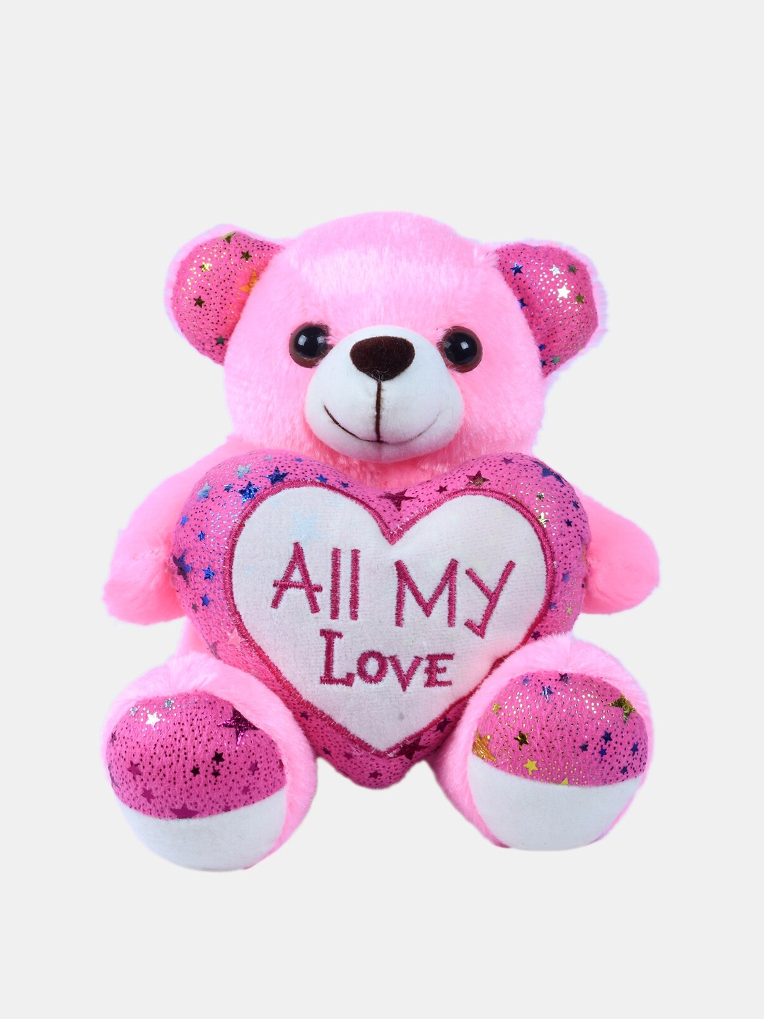 DukieKooky Unisex Kids Pink   White Polyester Teddy Bear With Embroidered Heart Soft Toy