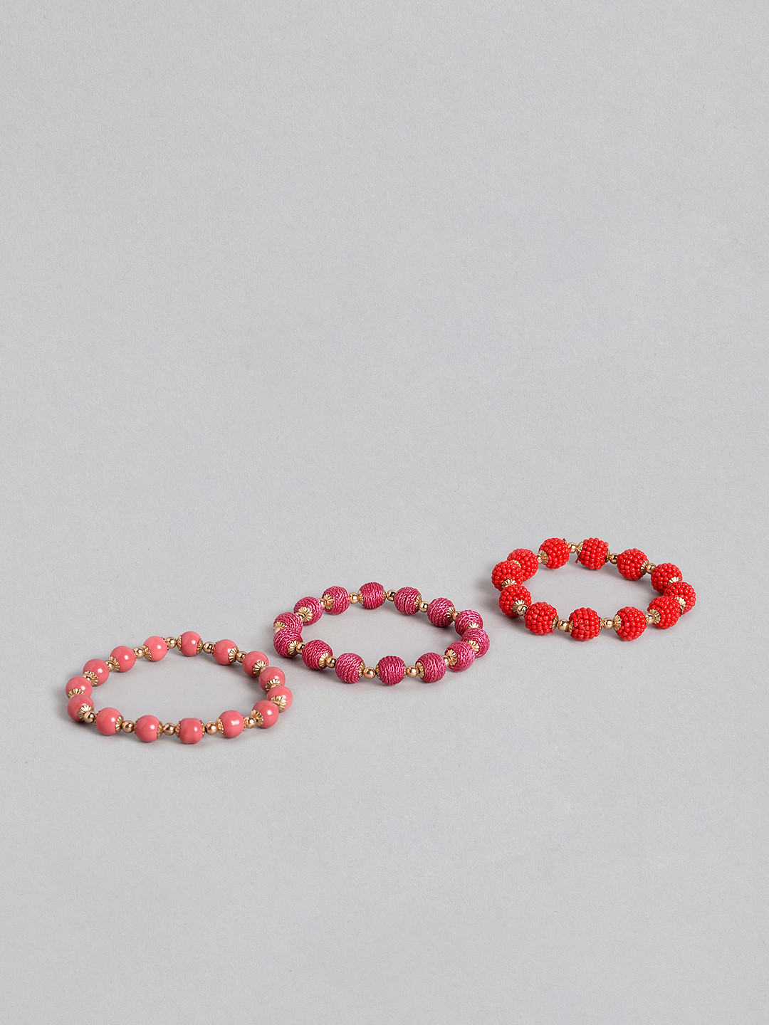 RICHEERA Women Set of 3 Pink & Red Gold-Plated Elasticated Bracelet