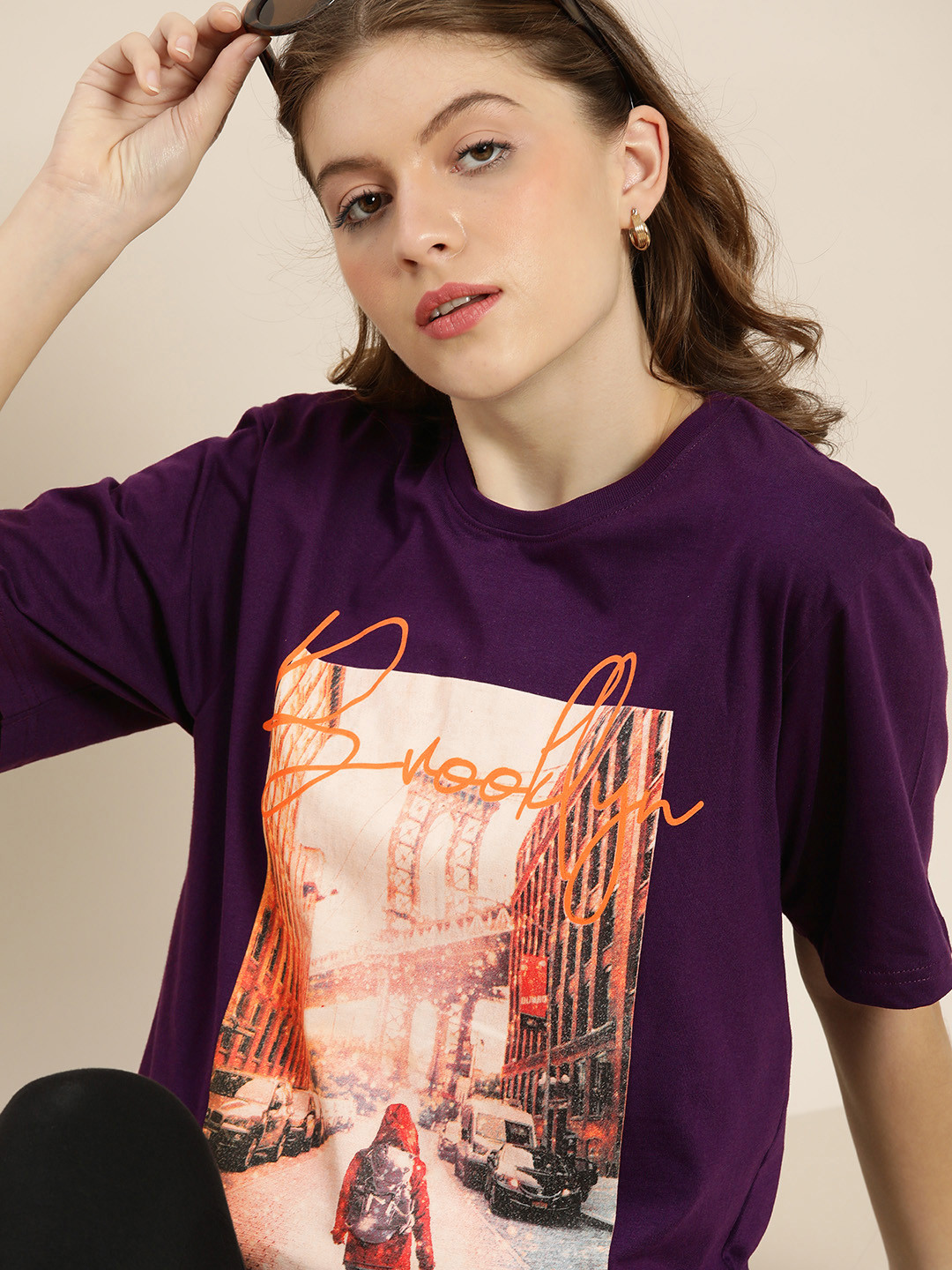 DILLINGER Women Purple Graphic Printed Pure Cotton Oversized Pure Cotton T-shirt