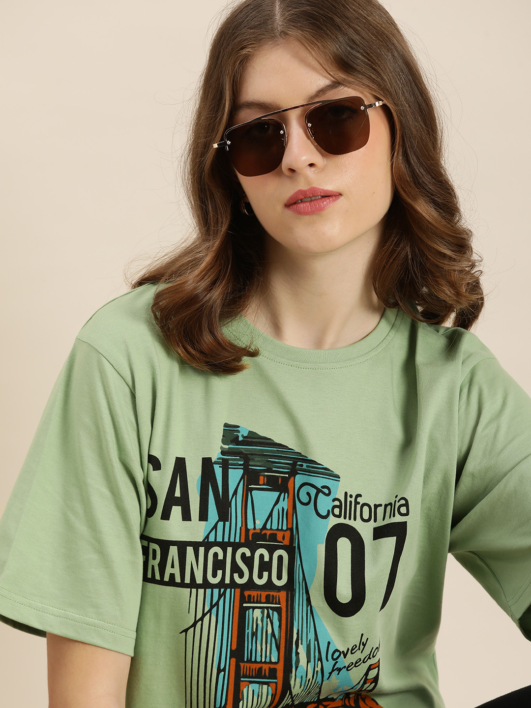 DILLINGER Sage Green Varsity Printed Pure Cotton Oversized Pure Cotton T-shirt