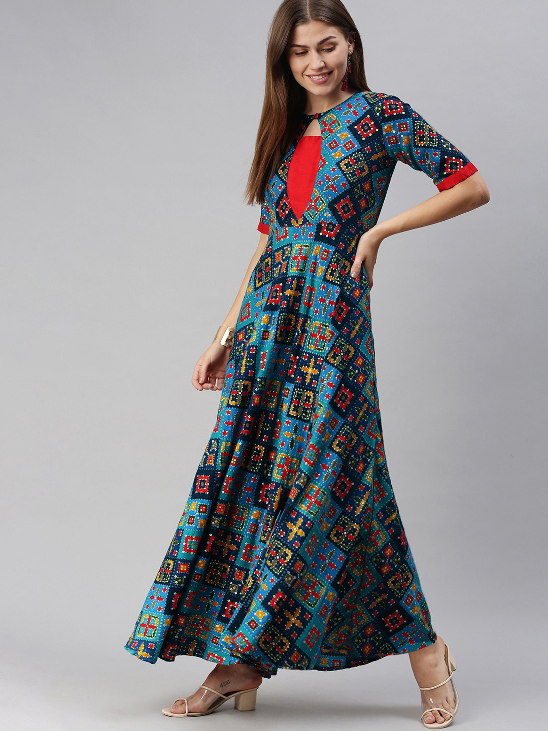 Swishchick Blue & Red Ethnic Motifs Keyhole Neck Ethnic Maxi Dress