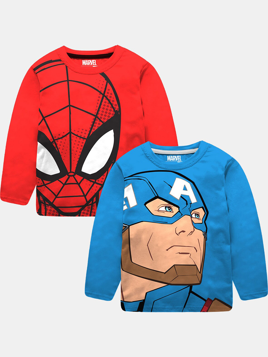 BonOrganik Boys Pack of 2 Red and Blue Spiderman & Captain America Printed T-shirts