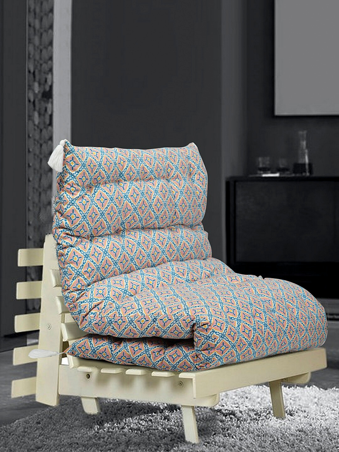 BLANC9 Pink & Blue Printed Cotton With Hand Tucking Futon Chair Pads