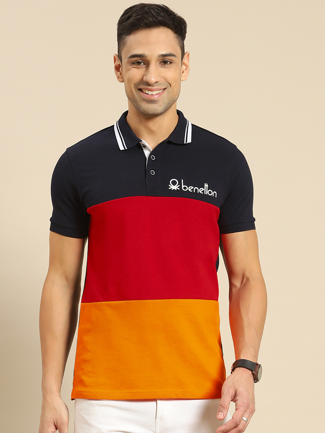 United Colors of Benetton Men Navy Blue Colourblocked Pure Cotton Polo Collar Pure Cotton T-shirt