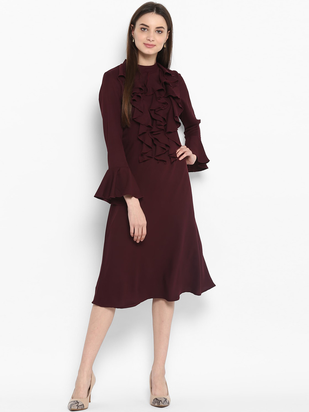 StyleStone Maroon Crepe Party Midi Dress