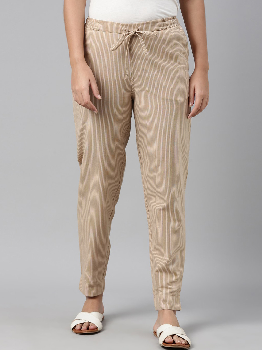 Go Colors Women Beige Linen Striped Cigerette Trousers