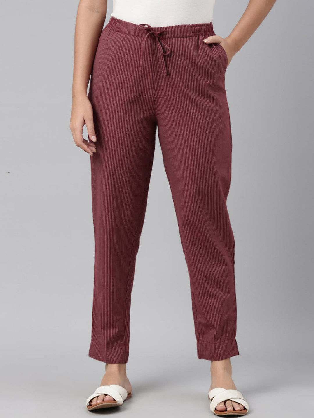 Go Colors Women Maroon & White Striped Linen Cigerette Trousers