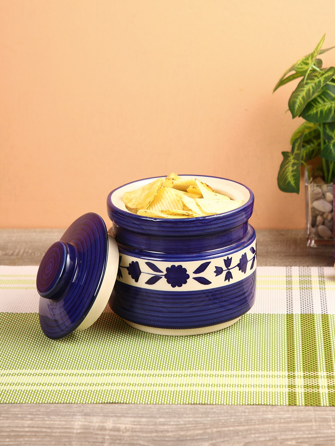 Aapno Rajasthan Handcrafted Blue Ceramic Dishwasher Safe Clip-On Canister