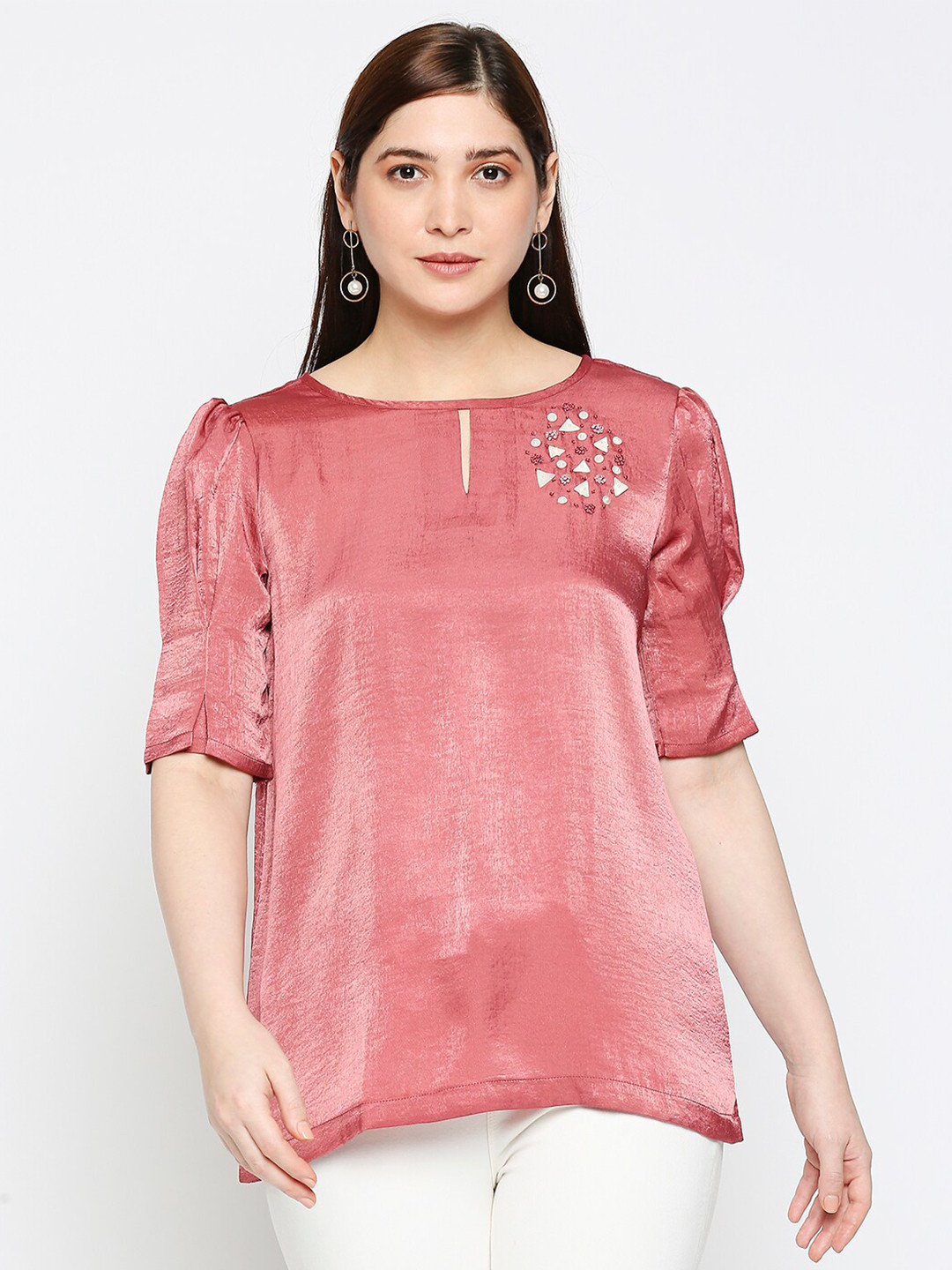 Kuber Studio Burgundy Keyhole Neck Crepe Regular Top