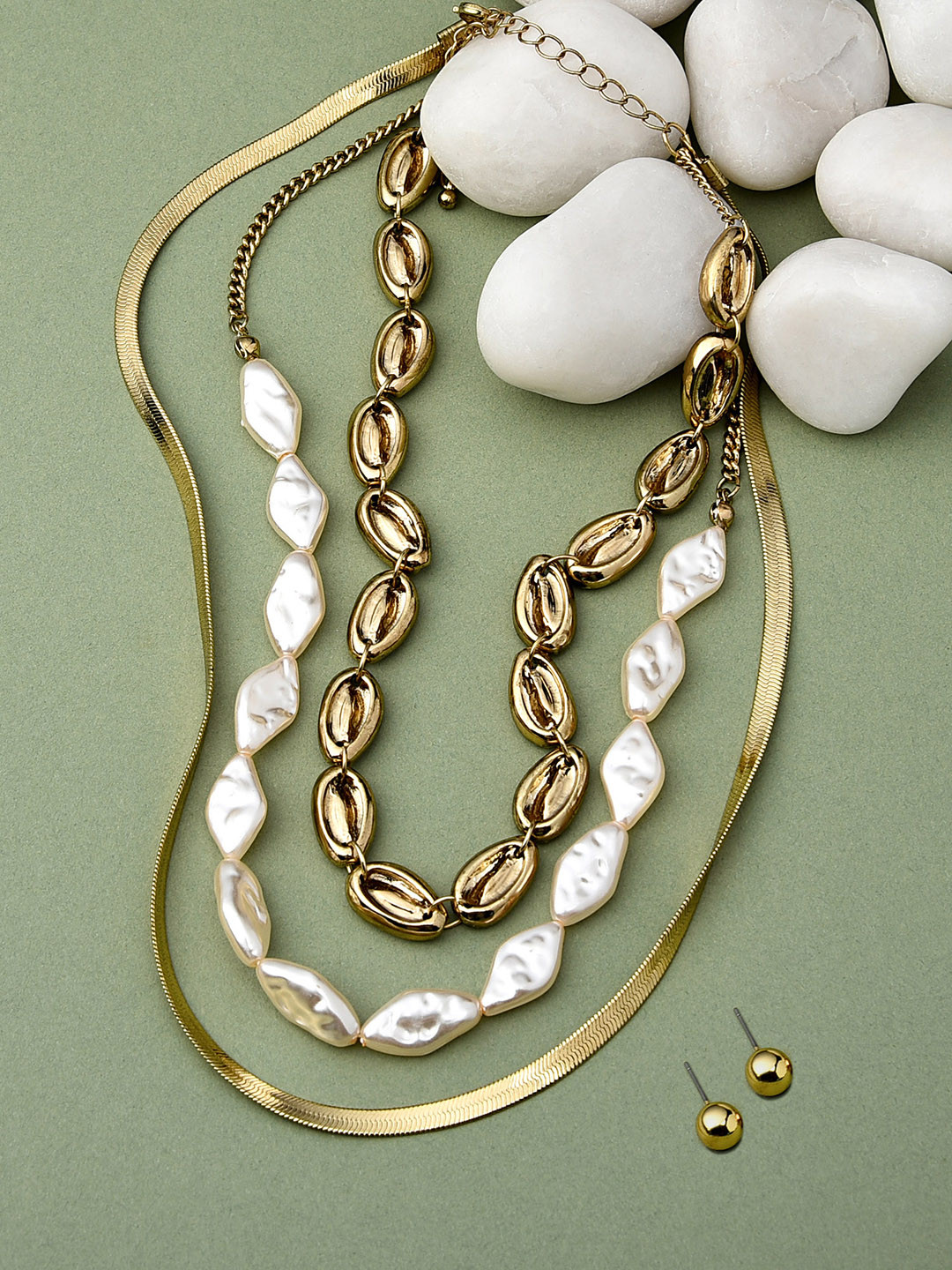 AMI Women Gold-Toned & White Classy Cowrie Sell & Pearls Contemporary Layered Necklace