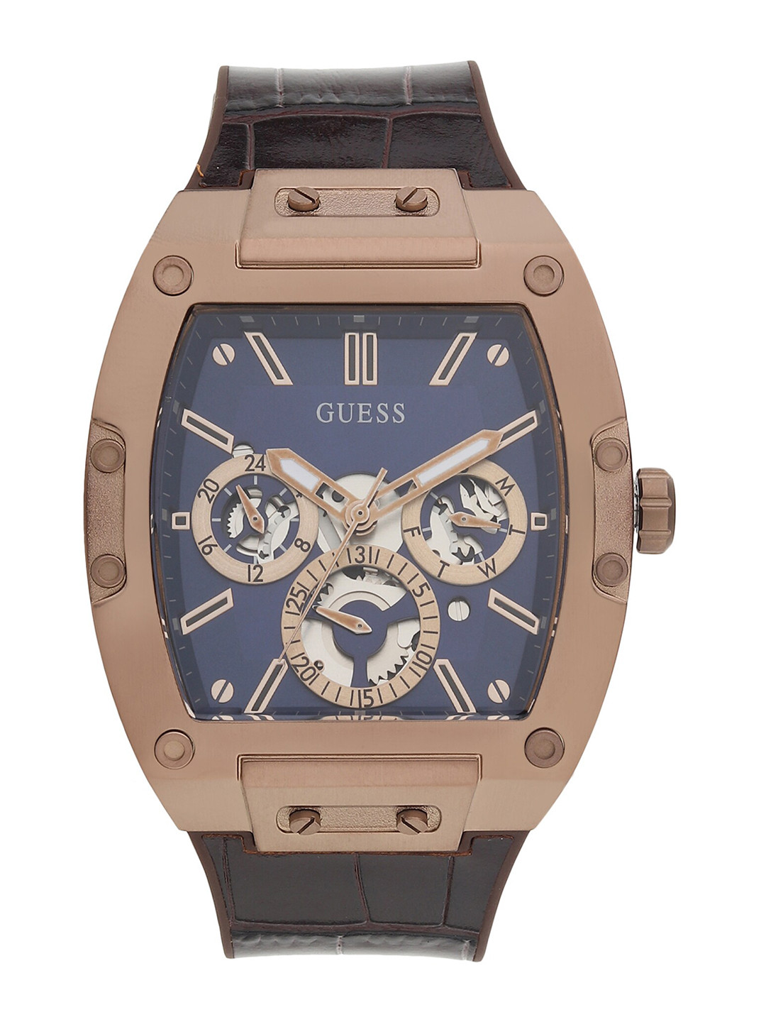 GUESS Men Blue Brass Embellished Dial & Brown Leather Straps Analogue Automatic Motion Powered Watch