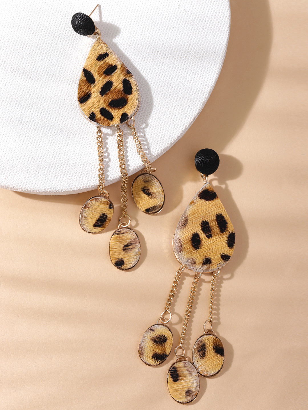 DEEBACO Beige Teardrop Shaped Leather Patched Drop Earrings