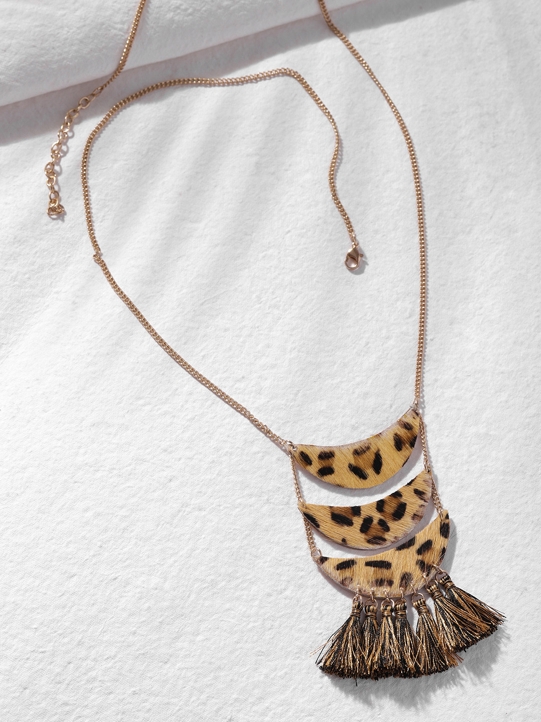 DEEBACO Beige & Rose Gold-Plated Leather Patched Tassel Neckpiece