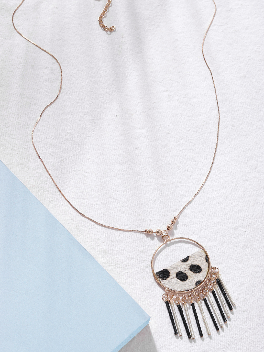 DEEBACO Rose Gold & Beige Leather Tasselled Necklace