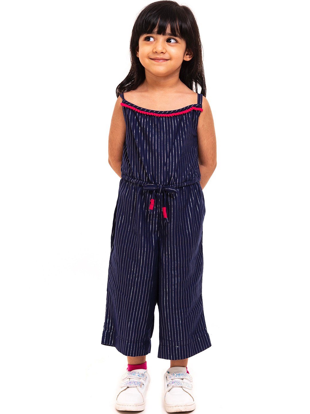 A Little Fable Girls Blue & Silver Striped Basic Jumpsuit