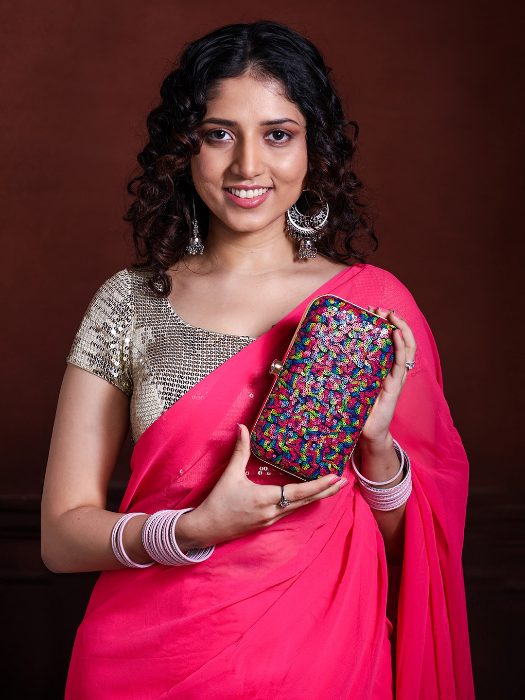 HORRA Women Pink Yellow & Green Embellished Box Clutch