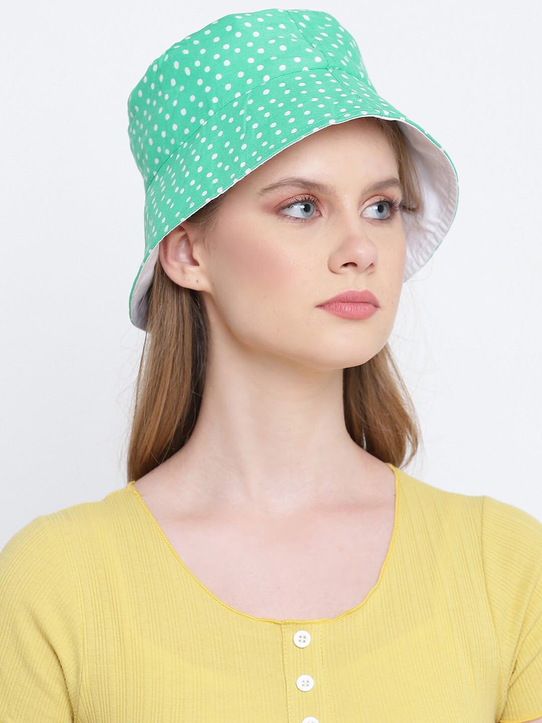 Oxolloxo Women Green & White Polka Dot Printed Reversible Sun Hat