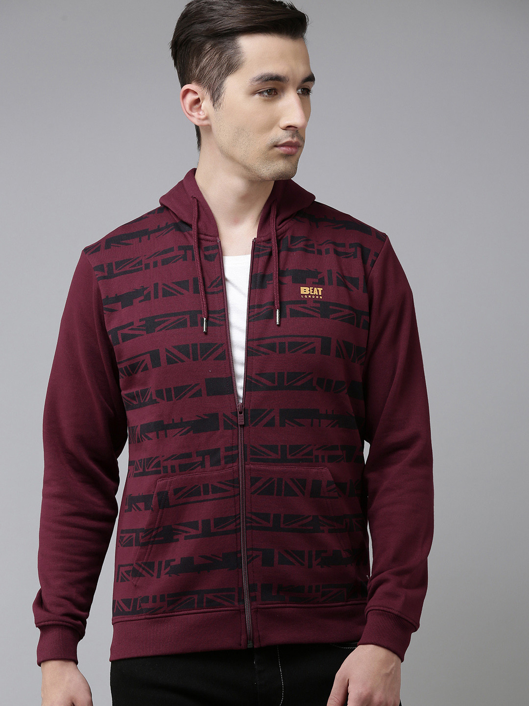 BEAT LONDON by PEPE JEANS Men Red & Navy Blue Printed Hooded Sweatshirt