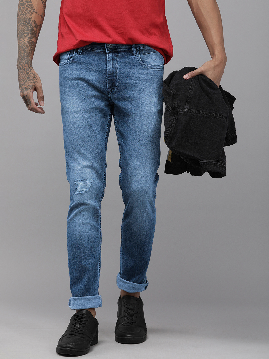 BEAT LONDON by PEPE JEANS Men Blue Tapered Fit Low-Rise Mildly Distressed Heavy Fade Stretchable Jeans