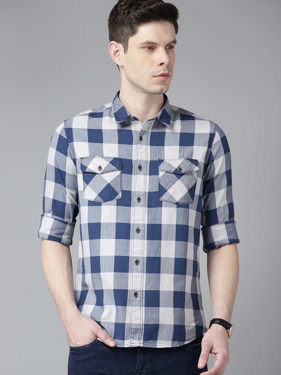 BEAT LONDON by PEPE JEANS Men Blue Pure Cotton Slim Fit Buffalo Checked Casual Shirt