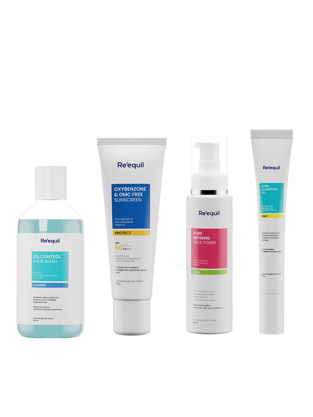 Reequil Set of Oxybenzone Sunscreen, Face Toner, AHA BHA Gel & Anti Acne Face Wash