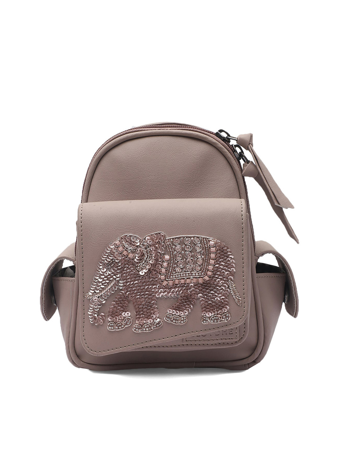 Clotche Beige Ethnic Motifs Embellished Leather Structured Shoulder Bag