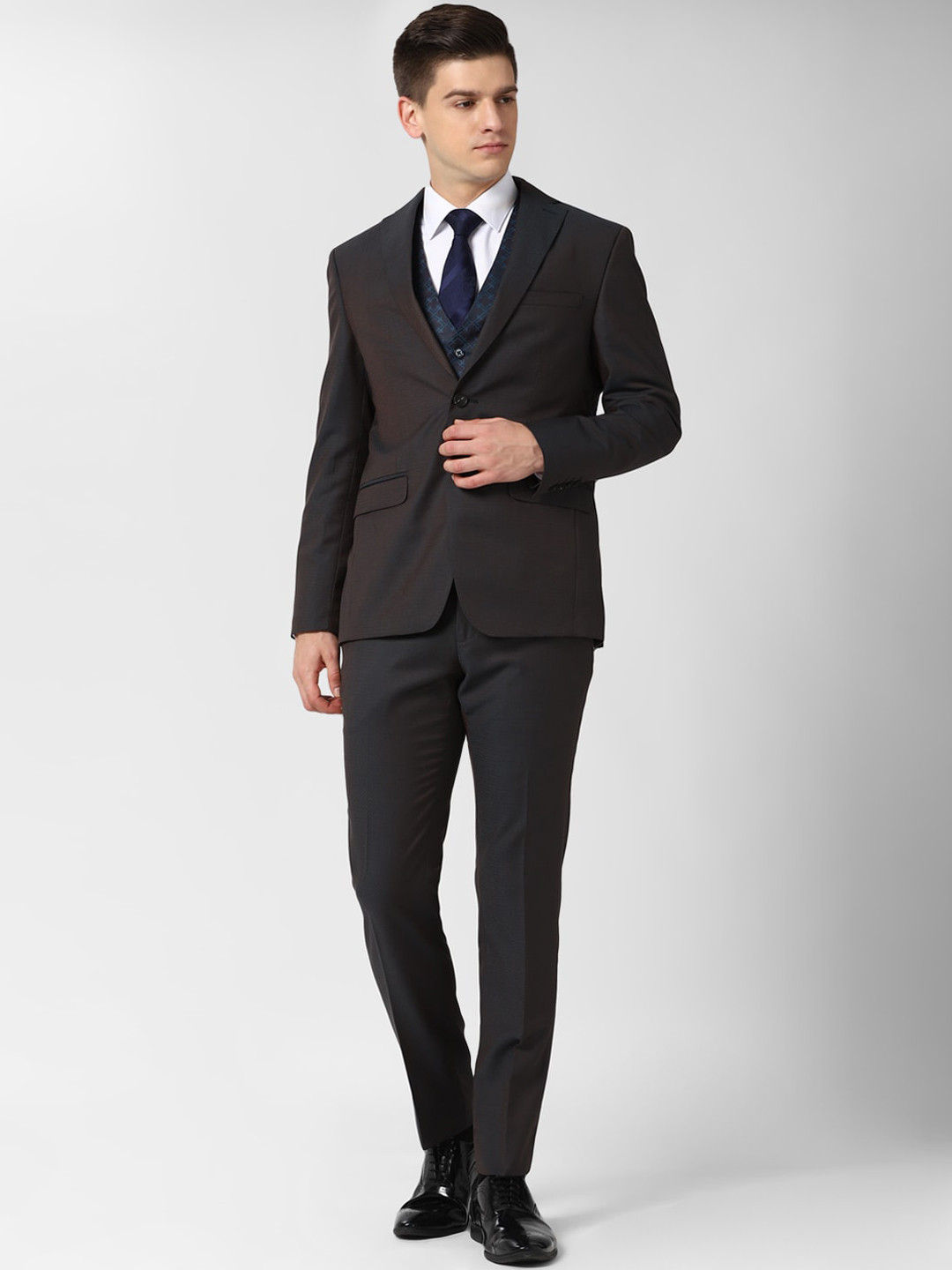 Peter England Elite Men Brown 3 Piece Textured Slim Fit Single-Breasted Formal Suit