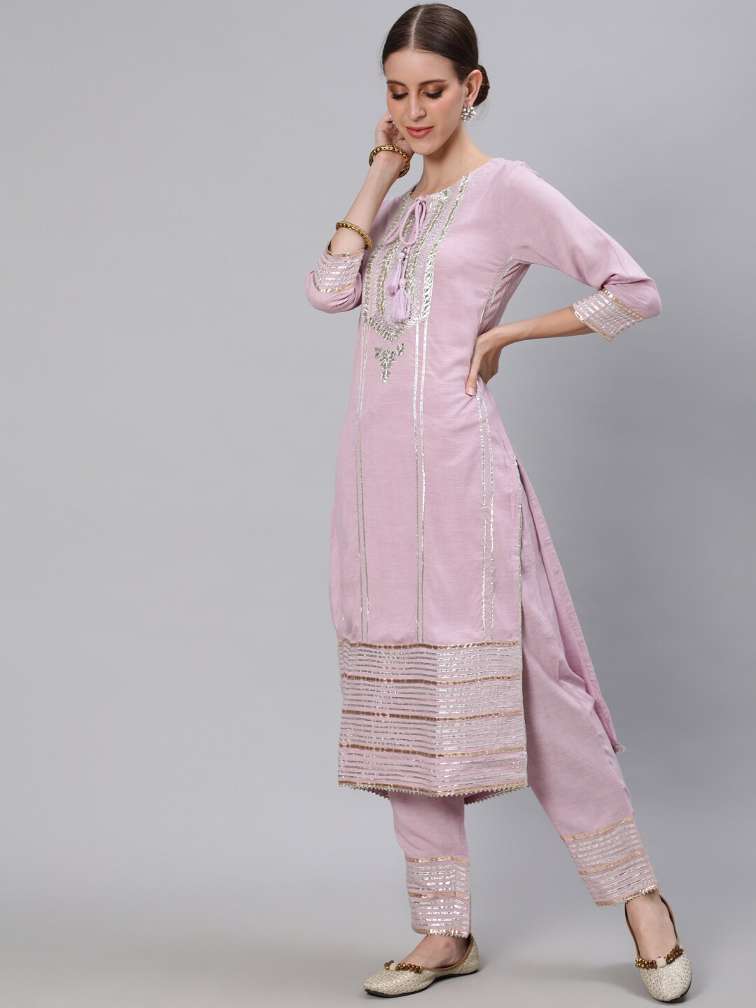 Ishin Women Purple Panelled Gotta Patti Kurta with Trousers & With Dupatta