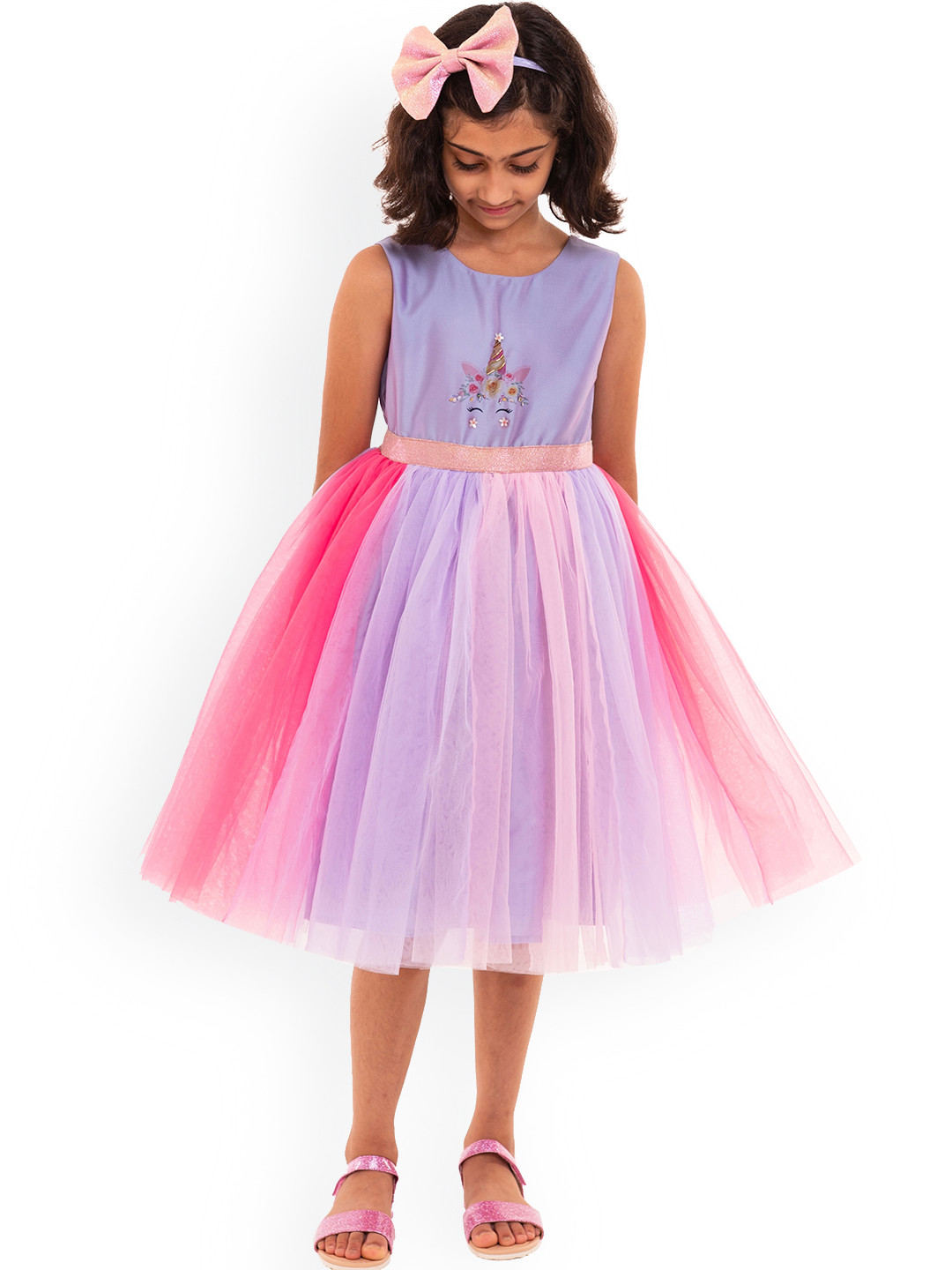 A Little Fable Lavender & Pink Gathered Embellished Dress