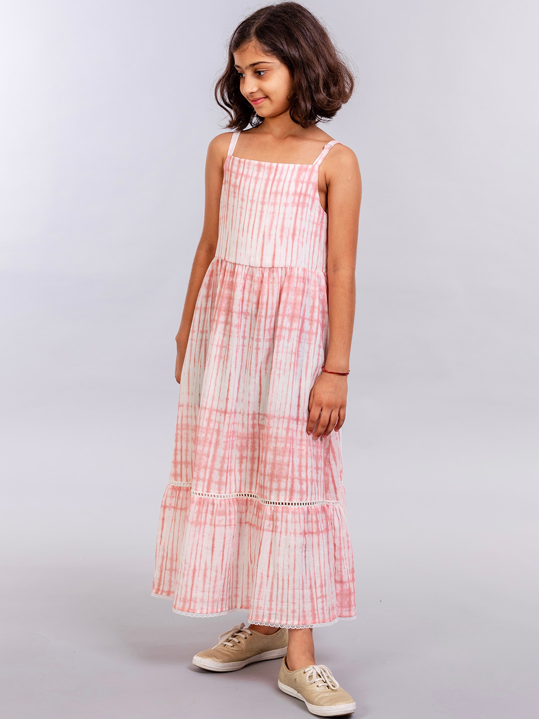 A Little Fable Girls Peach-Coloured & White Tie and Dye Maxi Dress