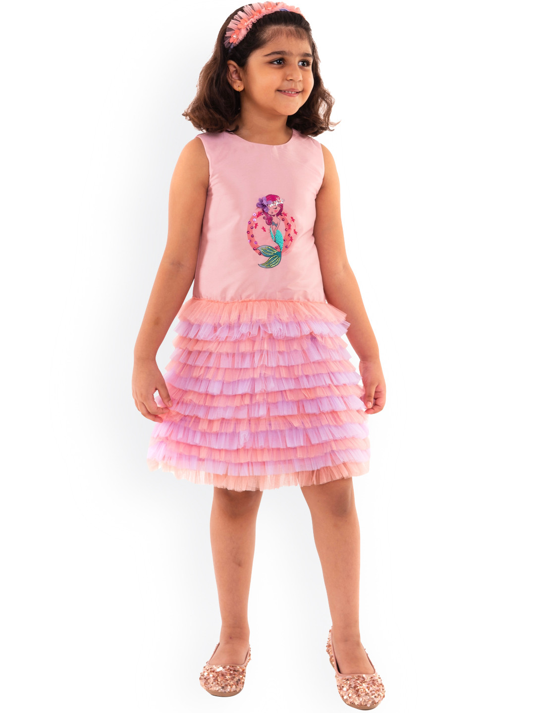A Little Fable Pink & Blue Ruffled Embellished Dress