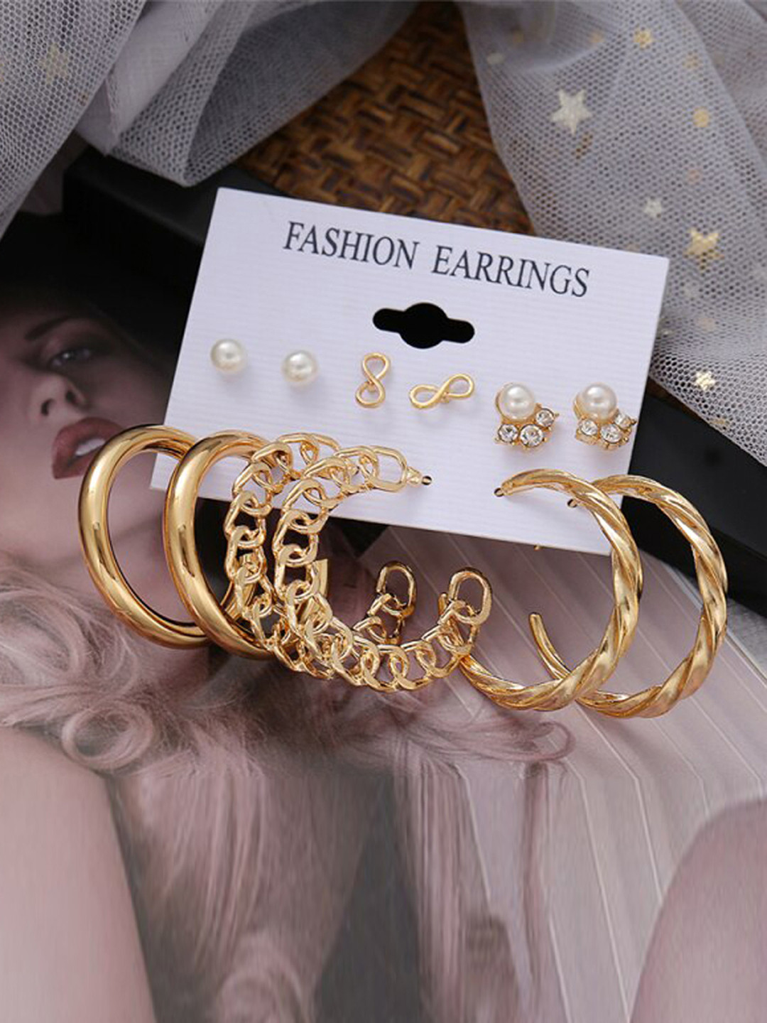 Jewels Galaxy Set of 6 Gold-Toned & White Classic Studs & Hoop Earrings