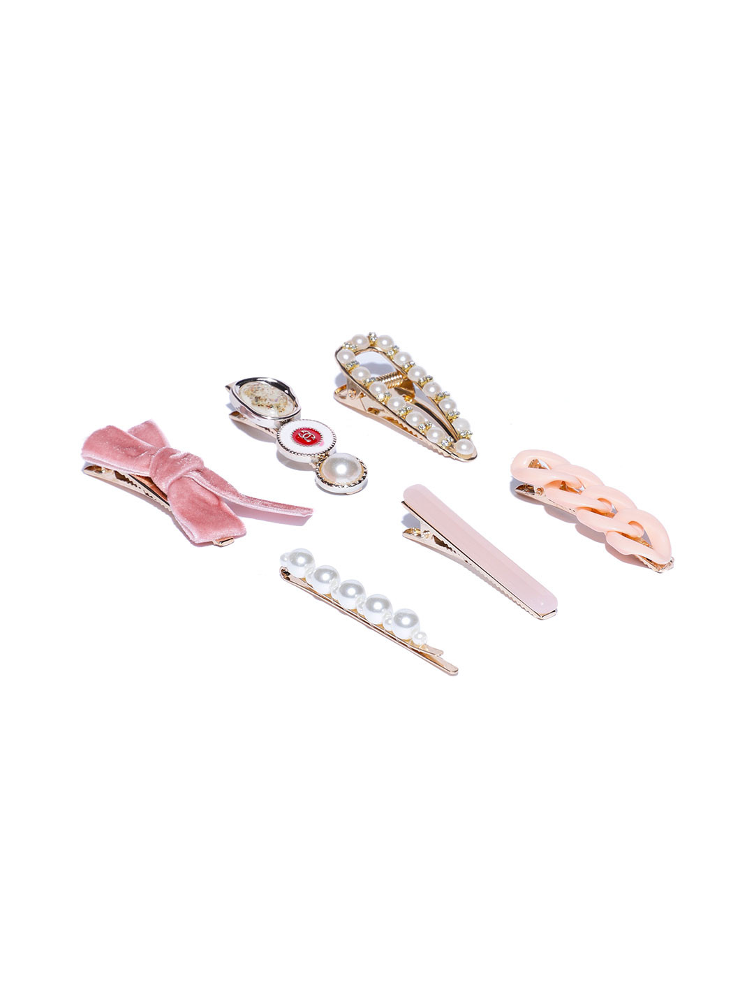 Jewels Galaxy Women Pink & White Set of 5 Embellished Alligator Hair Clip