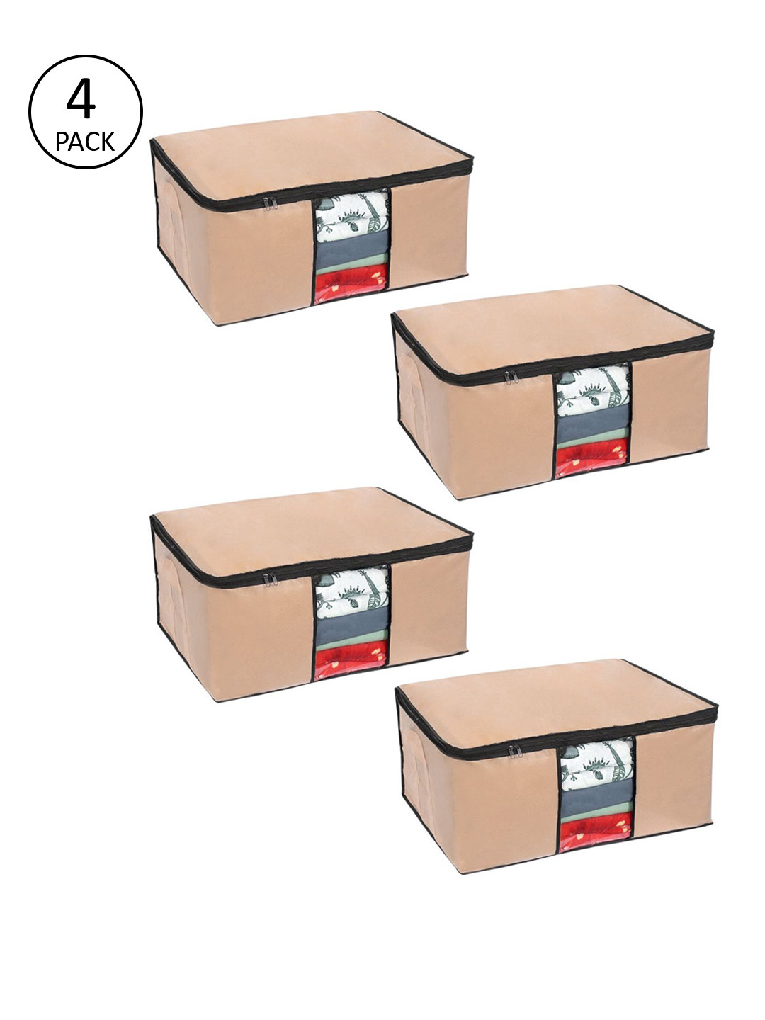 prettykrafts Set Of 4 Beige Solid Underbed Large Storage Bags With Transparent Window