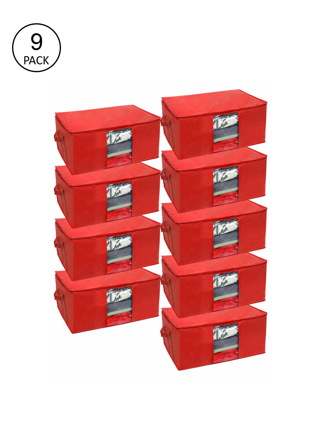 prettykrafts Set Of 9 Red Solid Underbed Large Storage Bags With Transparent Window