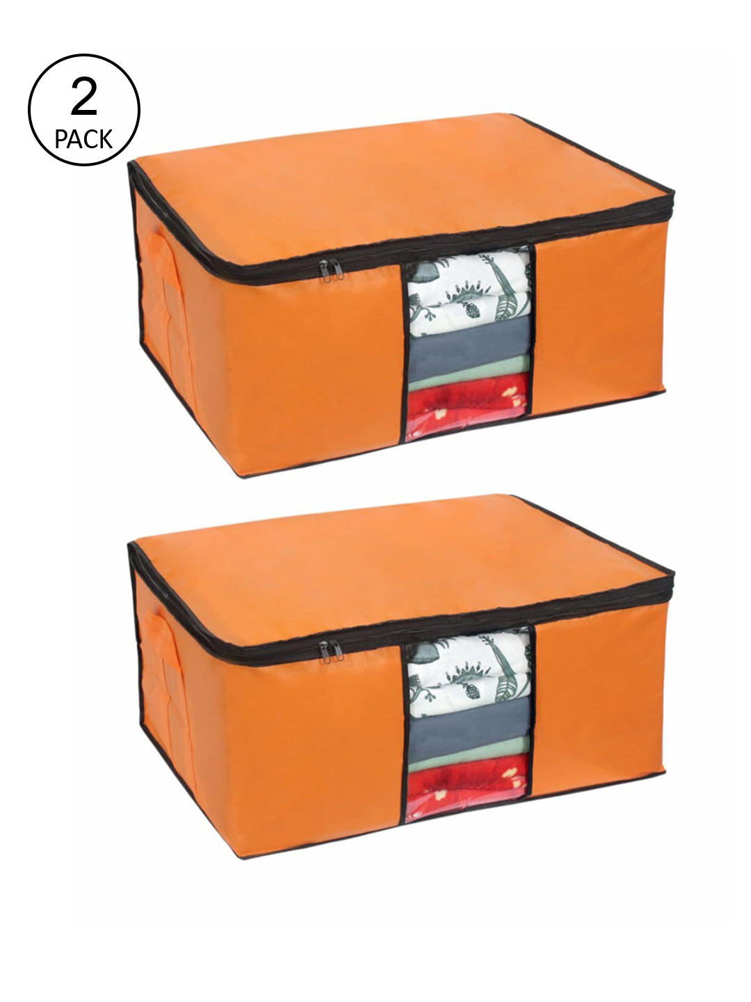 prettykrafts Set Of 2 Orange Solid Underbed Large Storage Bags With Transparent Window