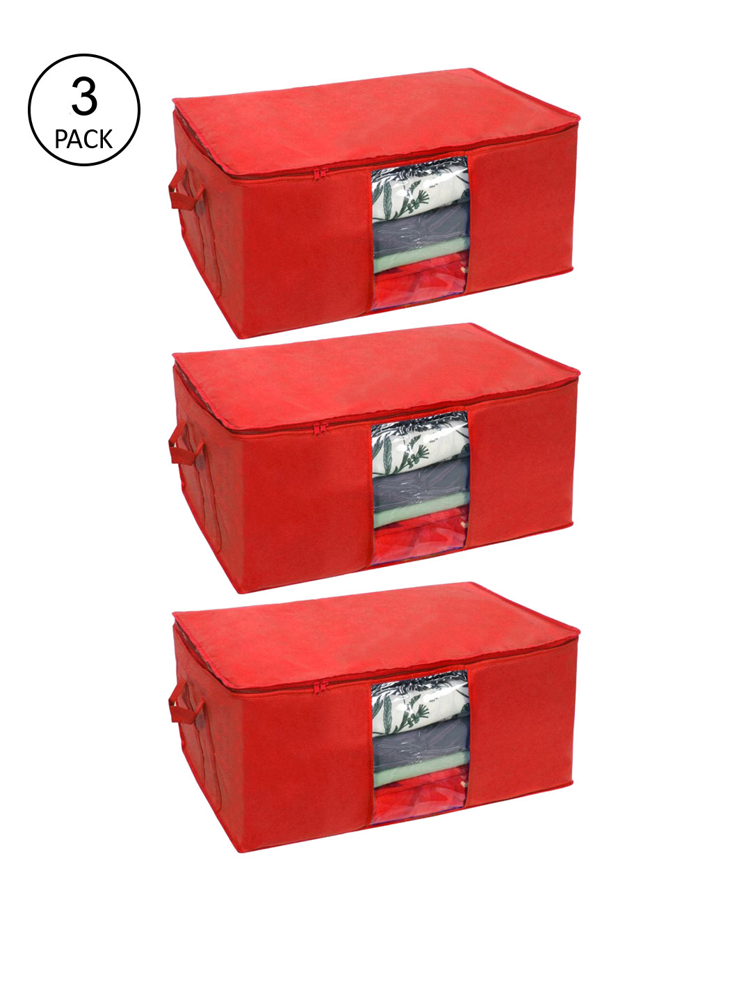 prettykrafts Set Of 3 Red Solid Underbed Large Storage Bags With Transparent Window