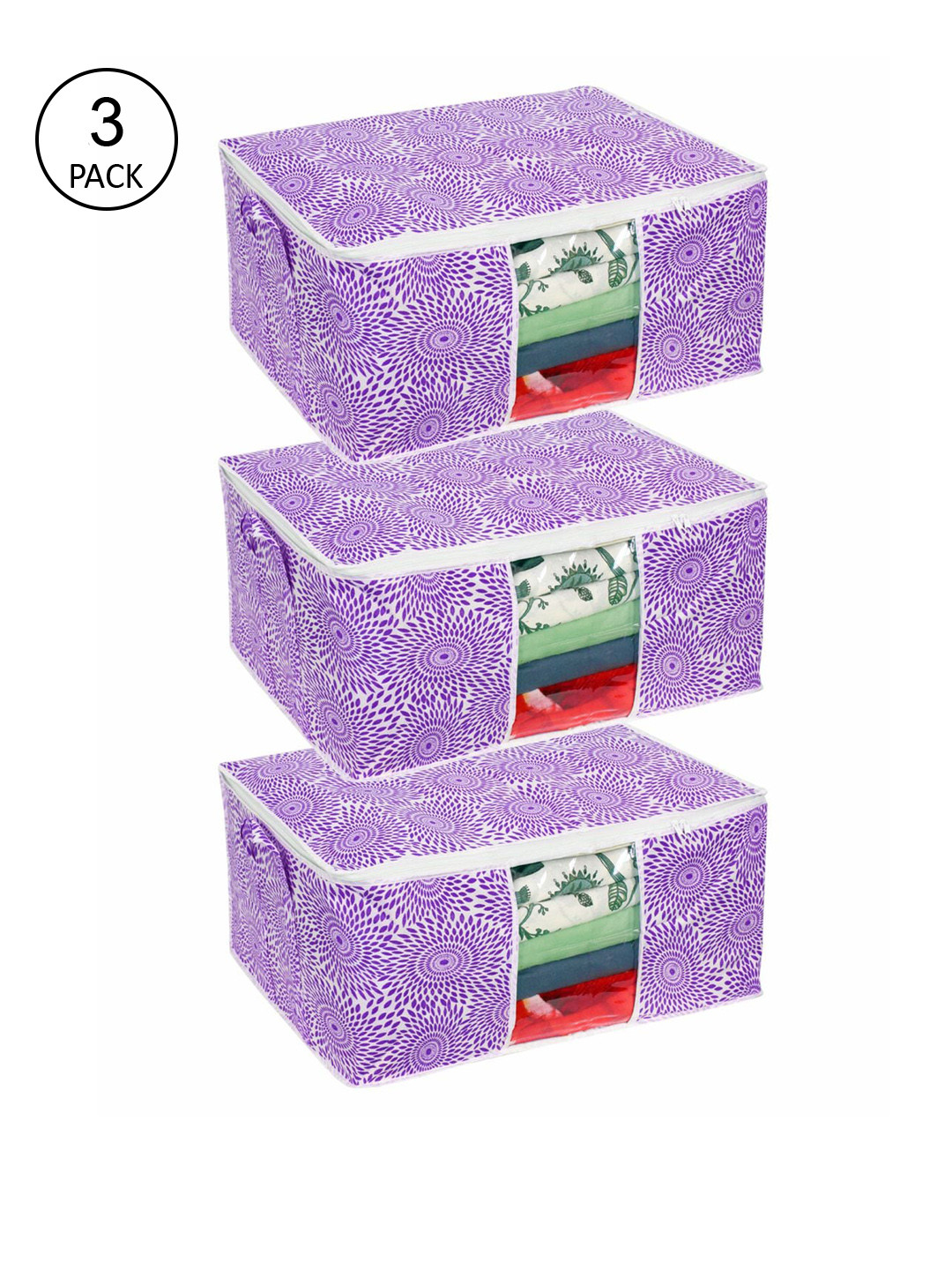 prettykrafts Set Of 3 Purple Printed Underbed Large Storage Bags With Transparent Window