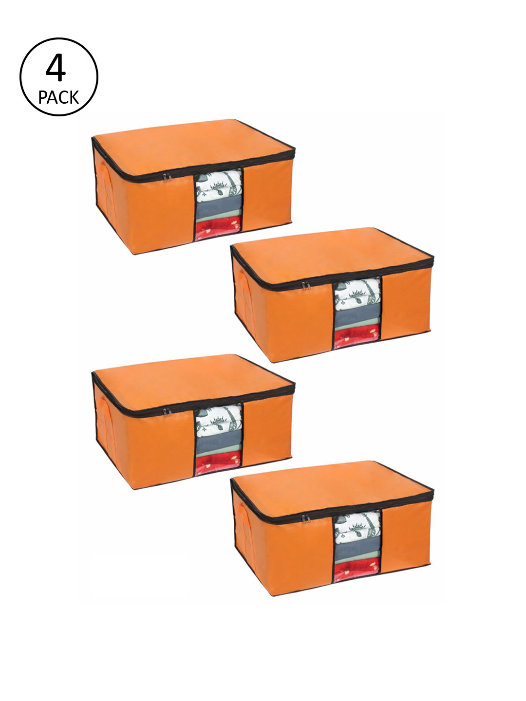 prettykrafts Set Of 4 Orange Solid Underbed Large Storage Bags With Transparent Window