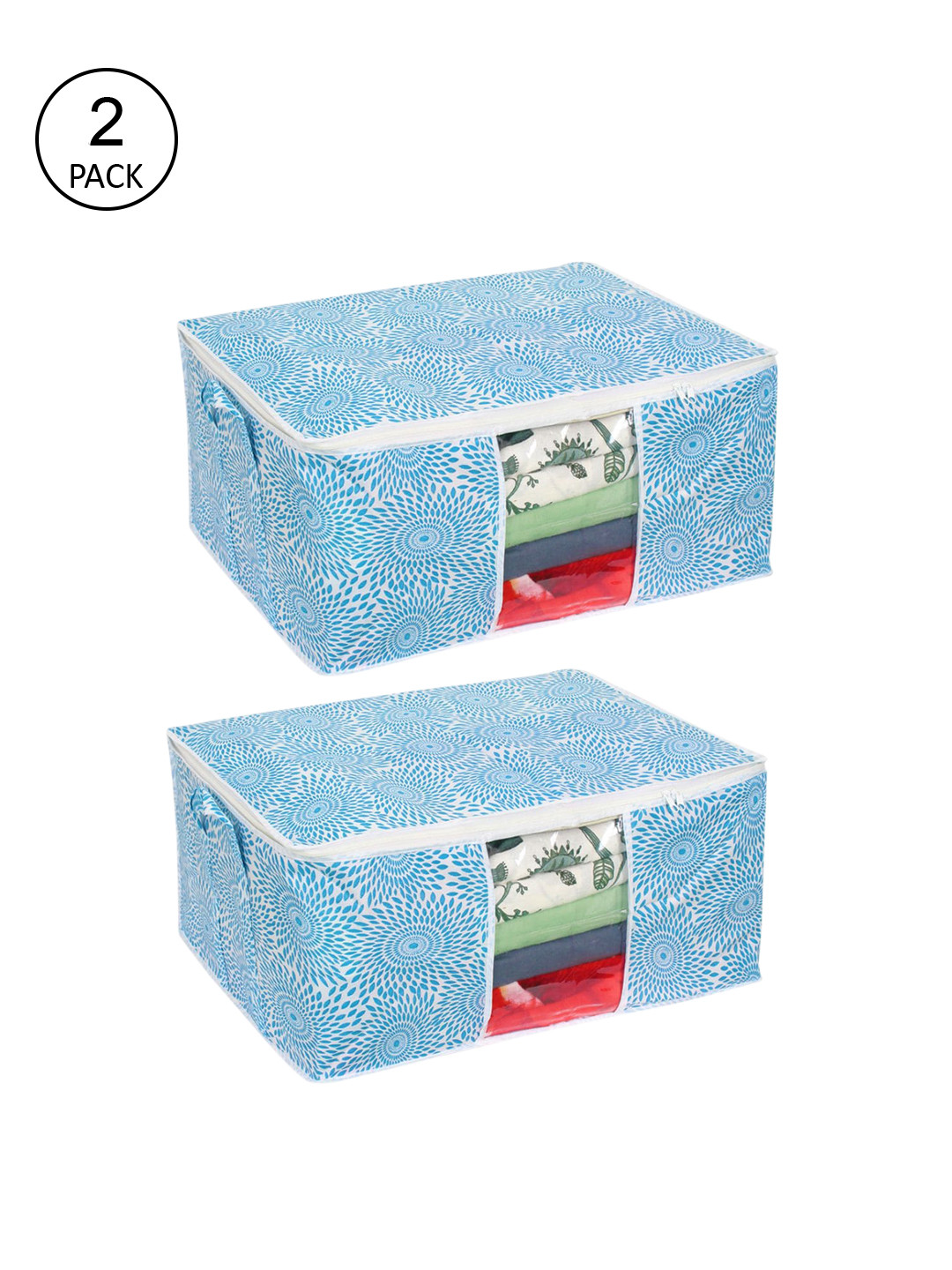 prettykrafts Set Of 2 White & Blue Printed Storage Bags With Transparent Window