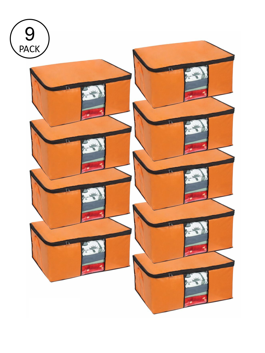 prettykrafts Set Of 9 Orange Solid Storage Bags With Transparent Window