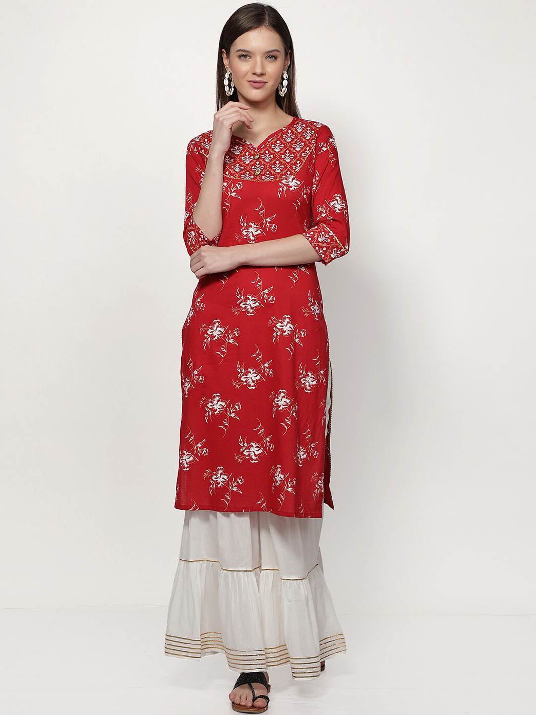 Dipsha Women Maroon & White Floral Printed Regular Pure Cotton Kurta with Sharara