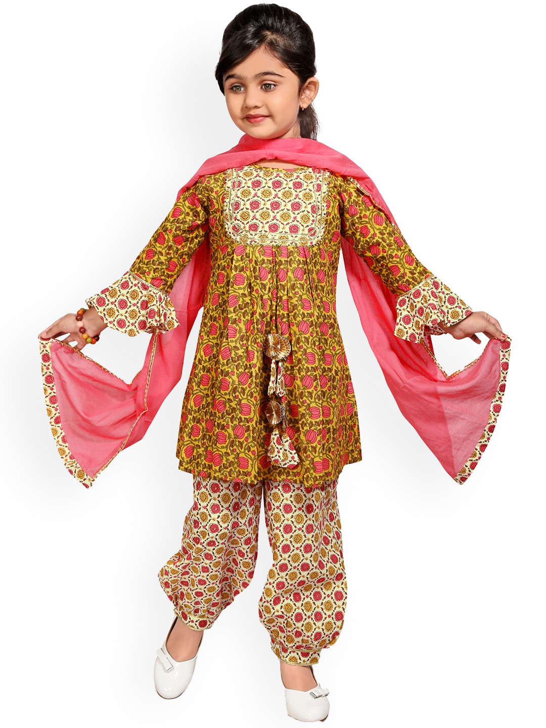 LIL PITAARA Girls Yellow & Pink Floral Pure Cotton Kurti With Dhoti Pants & Dupatta