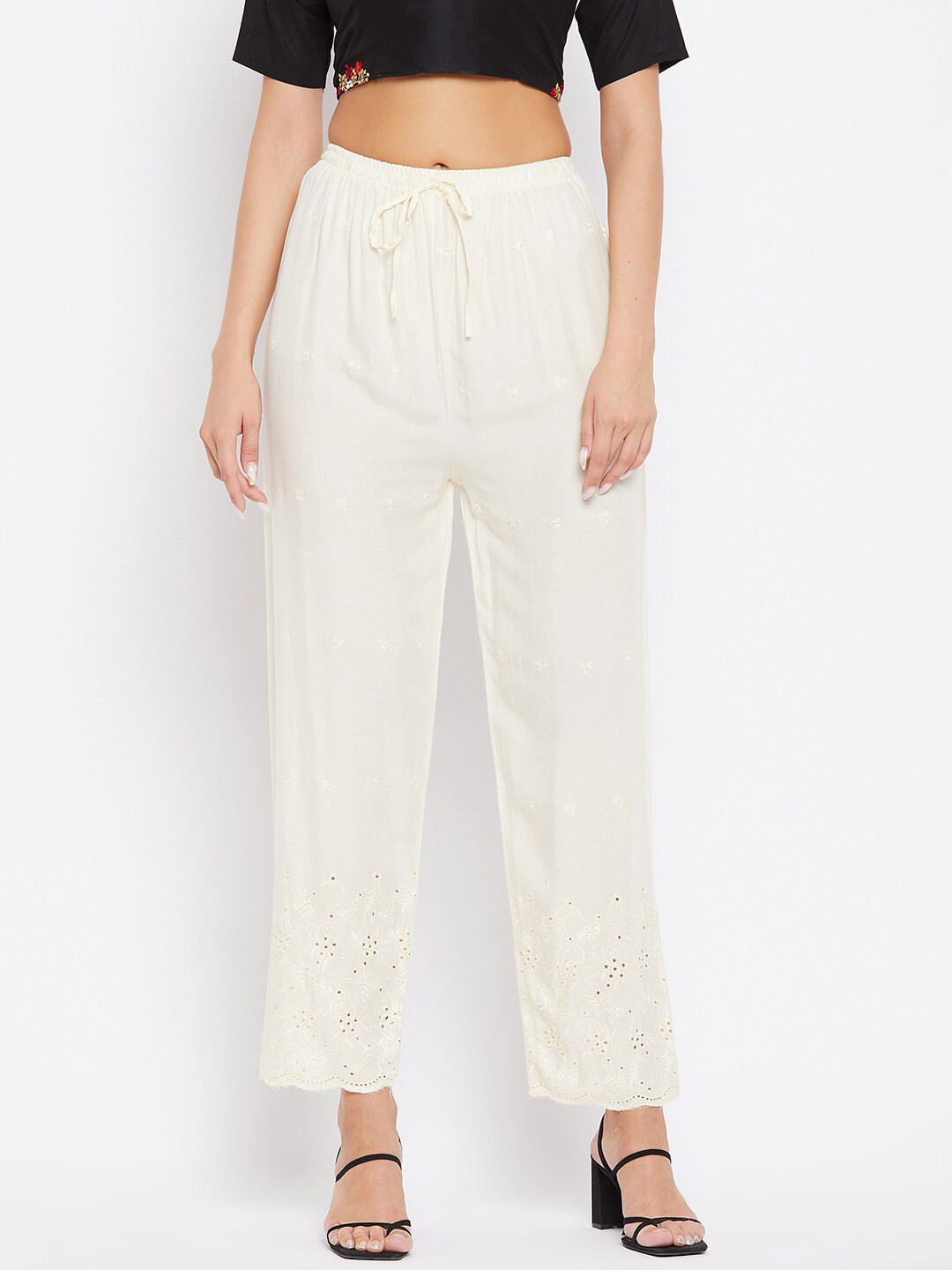 Clora Creation Women Cream-Coloured Floral Embroidered Knitted Ethnic Palazzos