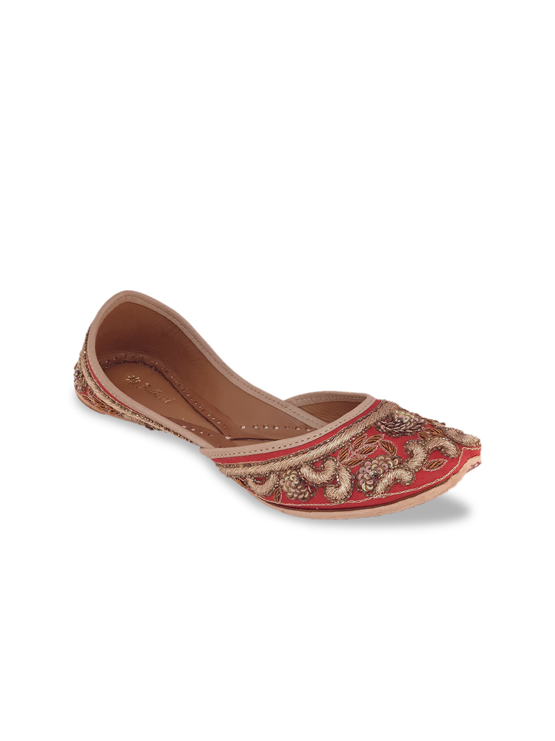 Fulkari Women Red Leather Embellished Mojaris Flats