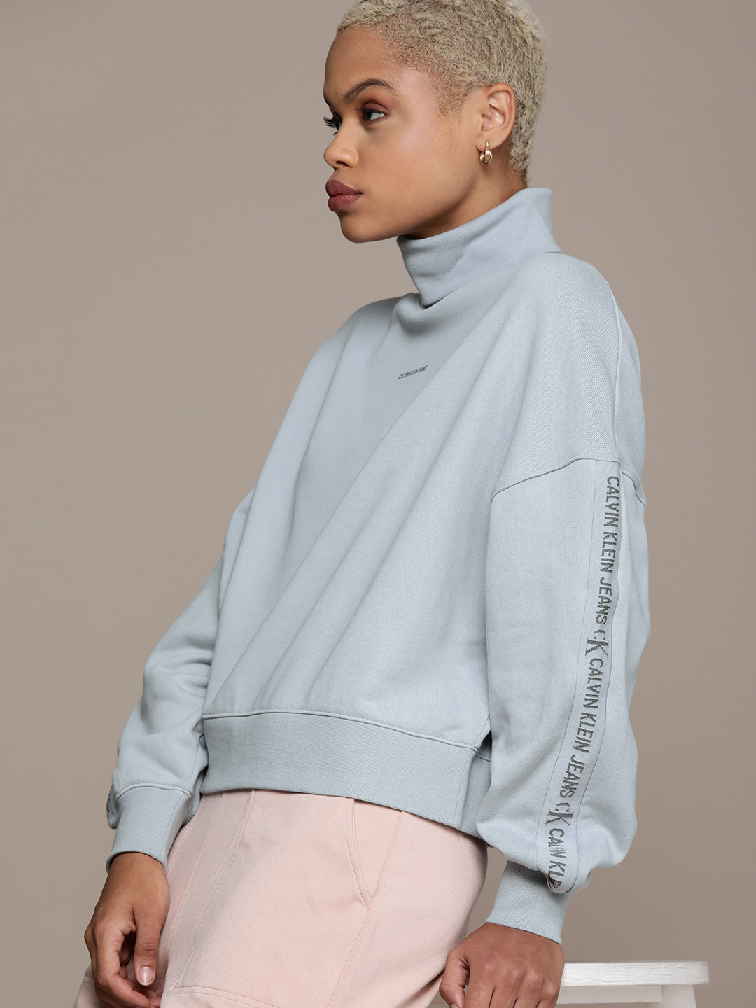 Calvin Klein Jeans Women Blue Turtle Neck Sweatshirt with Side Taping Detail