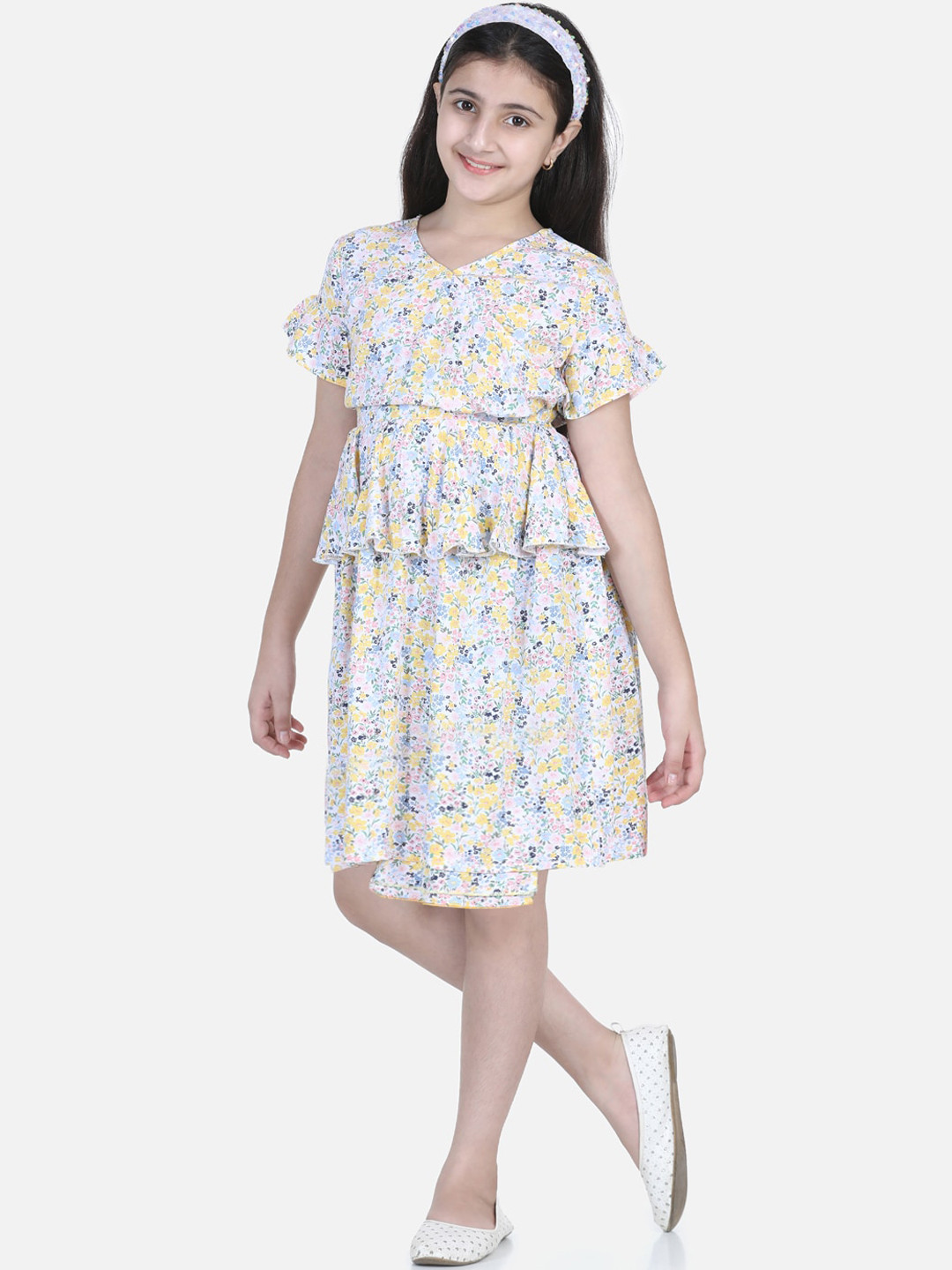 StyleStone Girls White & Yellow Floral Tiered Dress