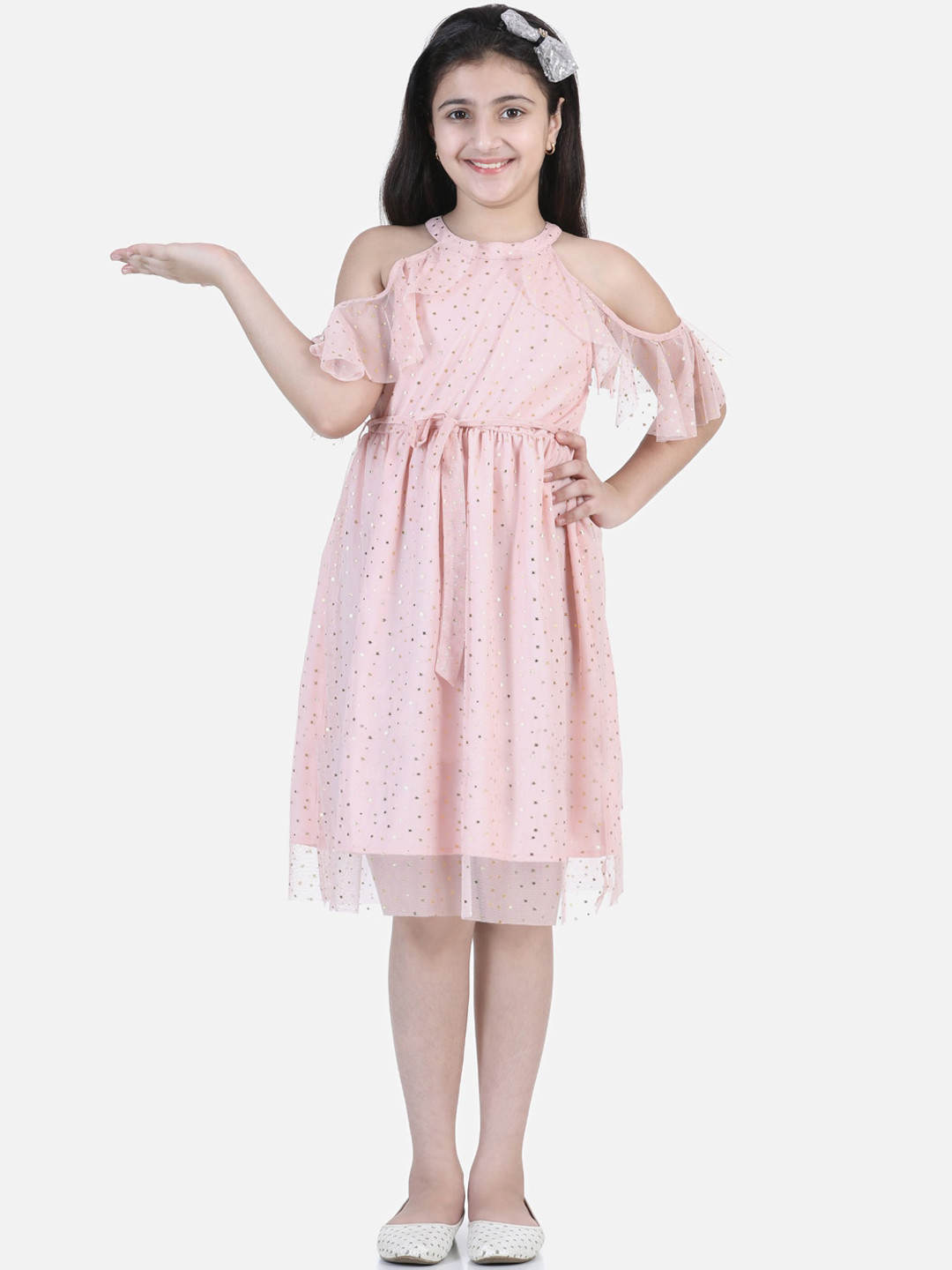 StyleStone Girls Pink Embellished Cold Shoulder Net Dress