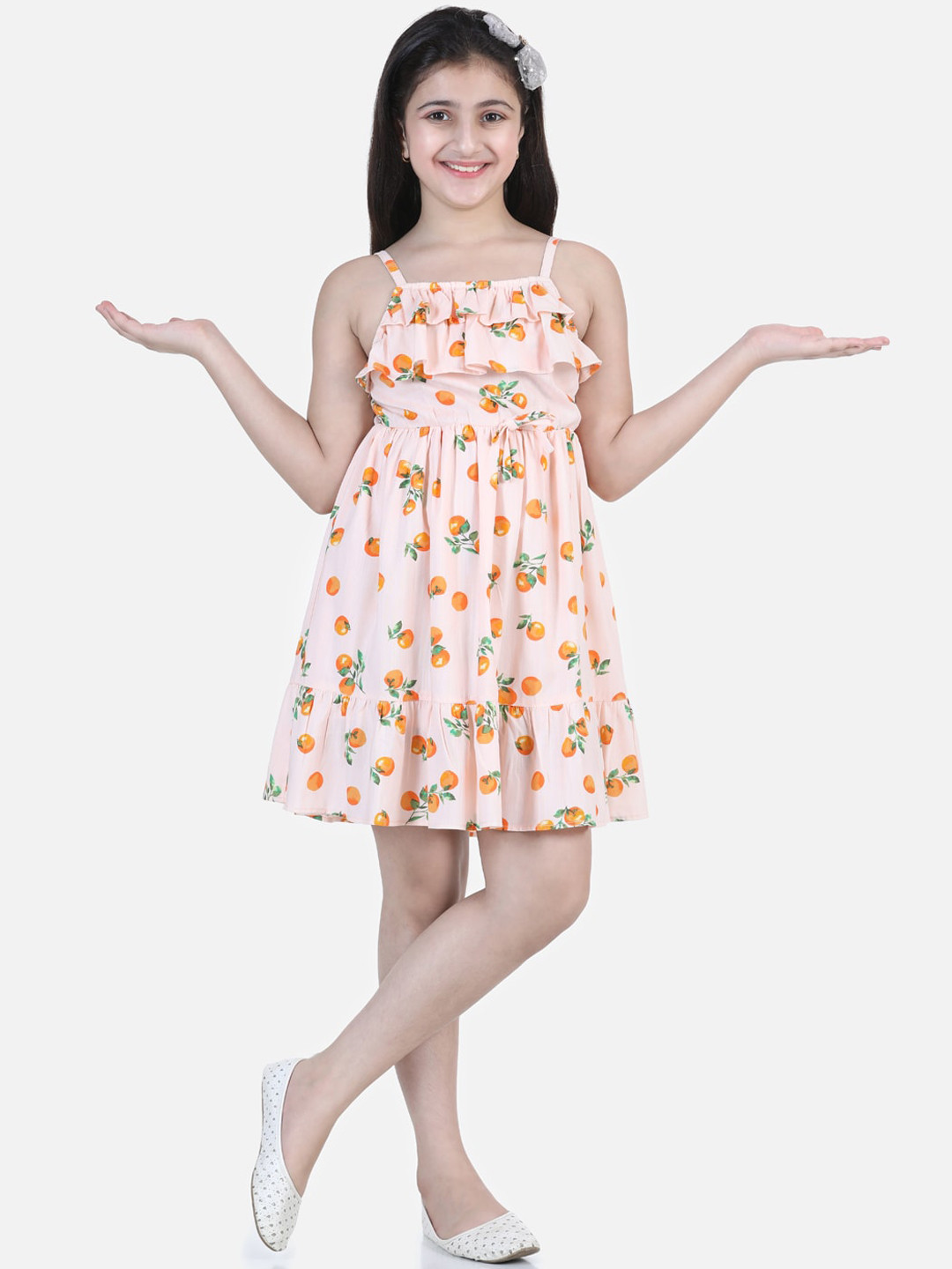StyleStone Orange & Peach-Coloured Printed Tiered Dress