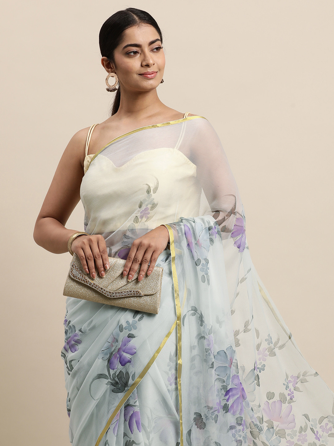 Geroo Jaipur Grey Floral Pure Chiffon Saree